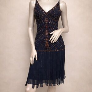 Y2K Sue Wong Beaded Silk Midi Dress Plunge Back Navy Size 6 2000s Glam VTG Party